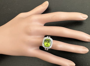5.30 Carats Natural Very Nice Looking Peridot and Diamond 14K Solid White Gold Ring