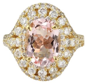 5.00 Carats Exquisite Natural Morganite and Diamond 14K Solid Yellow Gold Ring