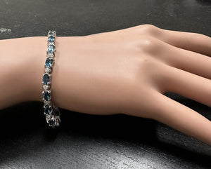12.70 Carats Natural London Blue Topaz & Diamond 14K Solid White Gold Bracelet