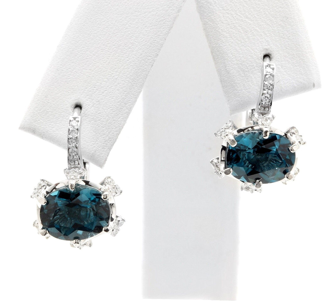 5.00 Carats Natural London Blue Topaz and Diamond 14K Solid White Gold Earrings