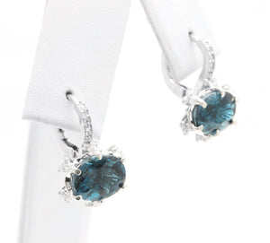5.00 Carats Natural London Blue Topaz and Diamond 14K Solid White Gold Earrings