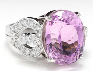 16.05 Carats Natural Kunzite and Diamond 14K Solid White Gold Ring