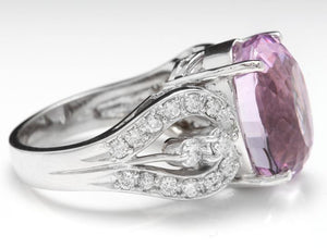 16.05 Carats Natural Kunzite and Diamond 14K Solid White Gold Ring