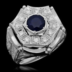3.00 Carats Natural Blue Sapphire & Diamond 14K Solid White Gold Men's Ring
