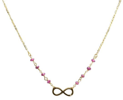 Splendid 14k Solid Yellow Gold Infinity Necklace with Natural Diamond Accent and Rough Rubies