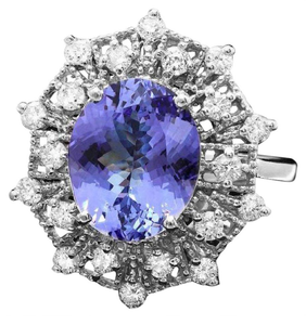 4.50 Carats Natural Tanzanite and Diamond 14k Solid White Gold Ring