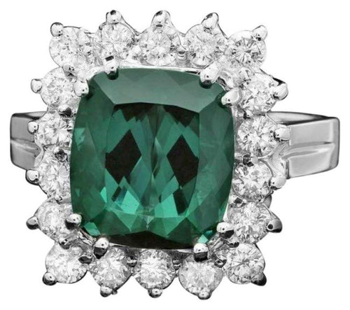 5.30 Carats Natural Green Tourmaline and Diamond 14K Solid White Gold Ring