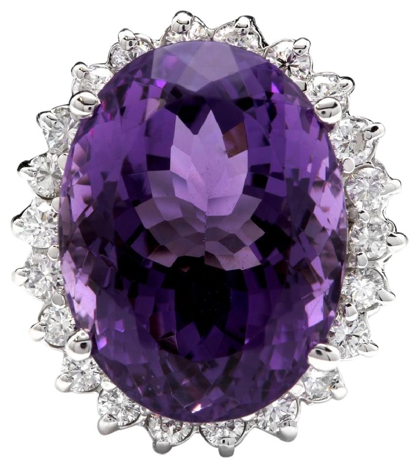 15.00 Carats Natural Amethyst and Diamond 14K Solid White Gold Ring