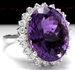 15.00 Carats Natural Amethyst and Diamond 14K Solid White Gold Ring