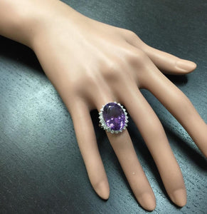 15.00 Carats Natural Amethyst and Diamond 14K Solid White Gold Ring