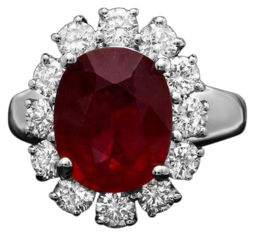 7.30 Carats Natural Red Ruby and Diamond 14K Solid White Gold Ring