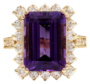 8.65 Carats Natural Amethyst and Diamond 14K Solid Yellow Gold Ring