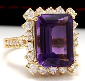 8.65 Carats Natural Amethyst and Diamond 14K Solid Yellow Gold Ring