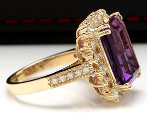 8.65 Carats Natural Amethyst and Diamond 14K Solid Yellow Gold Ring