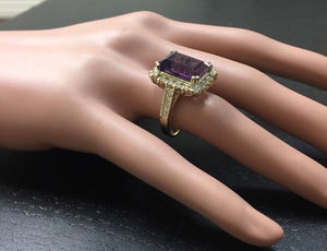 8.65 Carats Natural Amethyst and Diamond 14K Solid Yellow Gold Ring