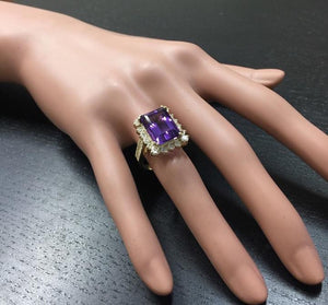 8.65 Carats Natural Amethyst and Diamond 14K Solid Yellow Gold Ring