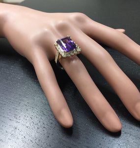 8.65 Carats Natural Amethyst and Diamond 14K Solid Yellow Gold Ring