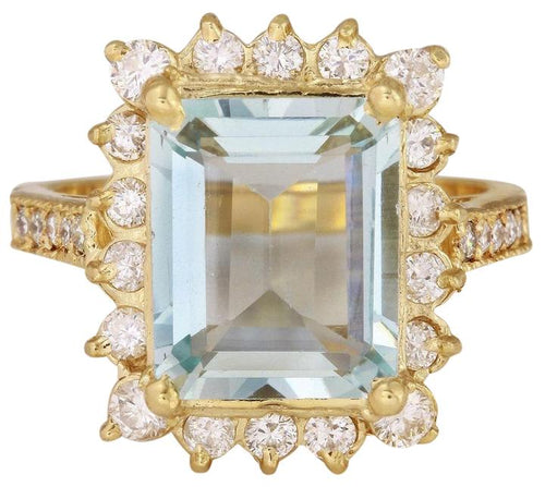 4.25 Carats Natural Aquamarine and Diamond 14K Solid Yellow Gold Ring