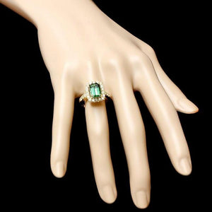 4.40 Carats Natural Green Tourmaline and Diamond 14K Solid Yellow Gold Ring