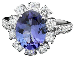 4.10 Carats Natural Tanzanite and Diamond 14K Solid White Gold Ring