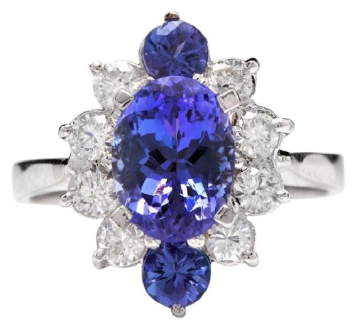 3.00 Carats Natural Very Nice Looking Tanzanite and Diamond 14K Solid White Gold Ring