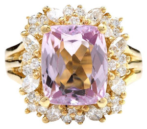 8.49 Carats Natural Kunzite and Diamond 14K Solid Yellow Gold Ring