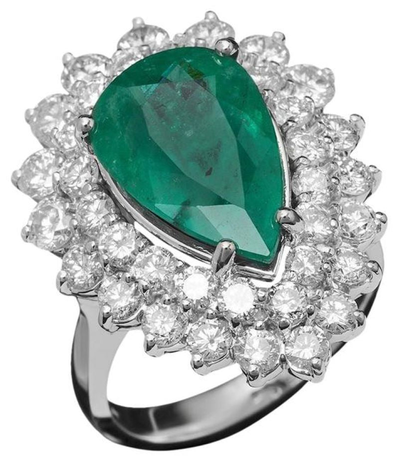 7.50 Carats Natural Emerald and Diamond 14K Solid White Gold Ring