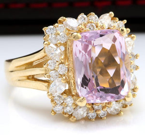 8.49 Carats Natural Kunzite and Diamond 14K Solid Yellow Gold Ring