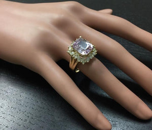 8.49 Carats Natural Kunzite and Diamond 14K Solid Yellow Gold Ring
