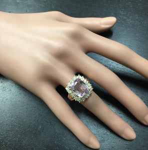 8.49 Carats Natural Kunzite and Diamond 14K Solid Yellow Gold Ring