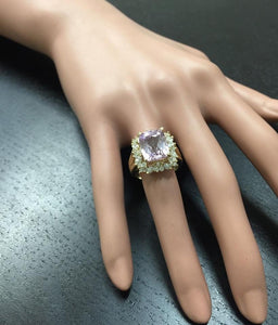 8.49 Carats Natural Kunzite and Diamond 14K Solid Yellow Gold Ring