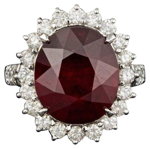 13.80 Carats Natural Red Ruby and Diamond 14K Solid White Gold Ring