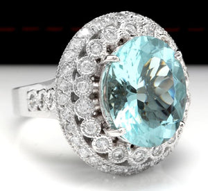 11.80 Carats Exquisite Natural Aquamarine and Diamond 14K Solid White Gold Ring