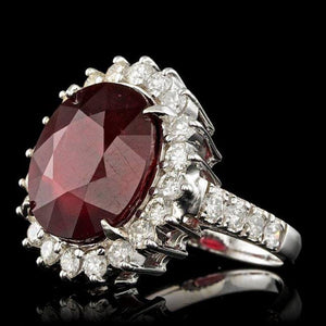 13.80 Carats Natural Red Ruby and Diamond 14K Solid White Gold Ring
