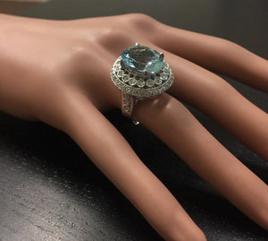 11.80 Carats Exquisite Natural Aquamarine and Diamond 14K Solid White Gold Ring