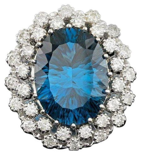 12.40 Carats Natural Blue Topaz and Diamond 14K Solid White Gold Ring