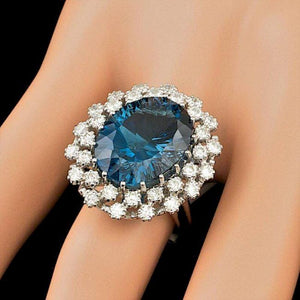 12.40 Carats Natural Blue Topaz and Diamond 14K Solid White Gold Ring