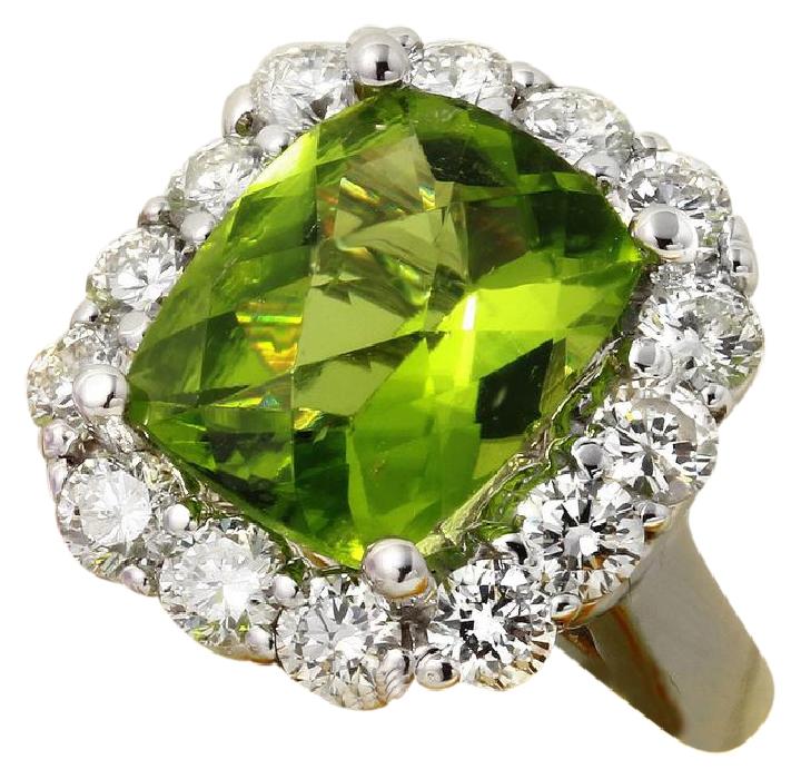 4.20 Carats Natural Very Nice Looking Peridot and Diamond 14K Solid White Gold Ring
