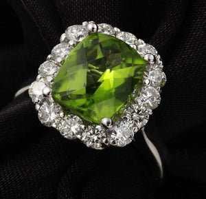 4.20 Carats Natural Very Nice Looking Peridot and Diamond 14K Solid White Gold Ring