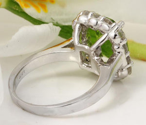 4.20 Carats Natural Very Nice Looking Peridot and Diamond 14K Solid White Gold Ring
