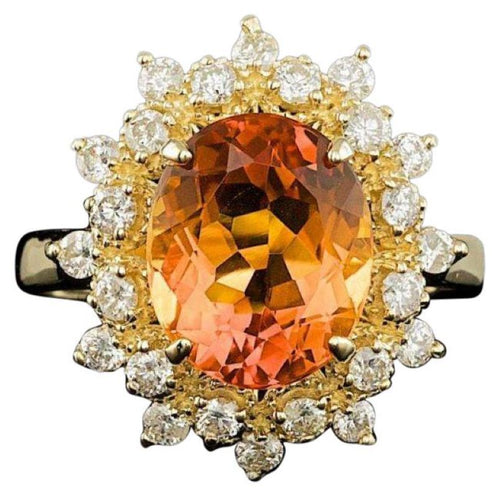4.10 Carats Natural Citrine and Diamond 14K Solid Yellow Gold Ring