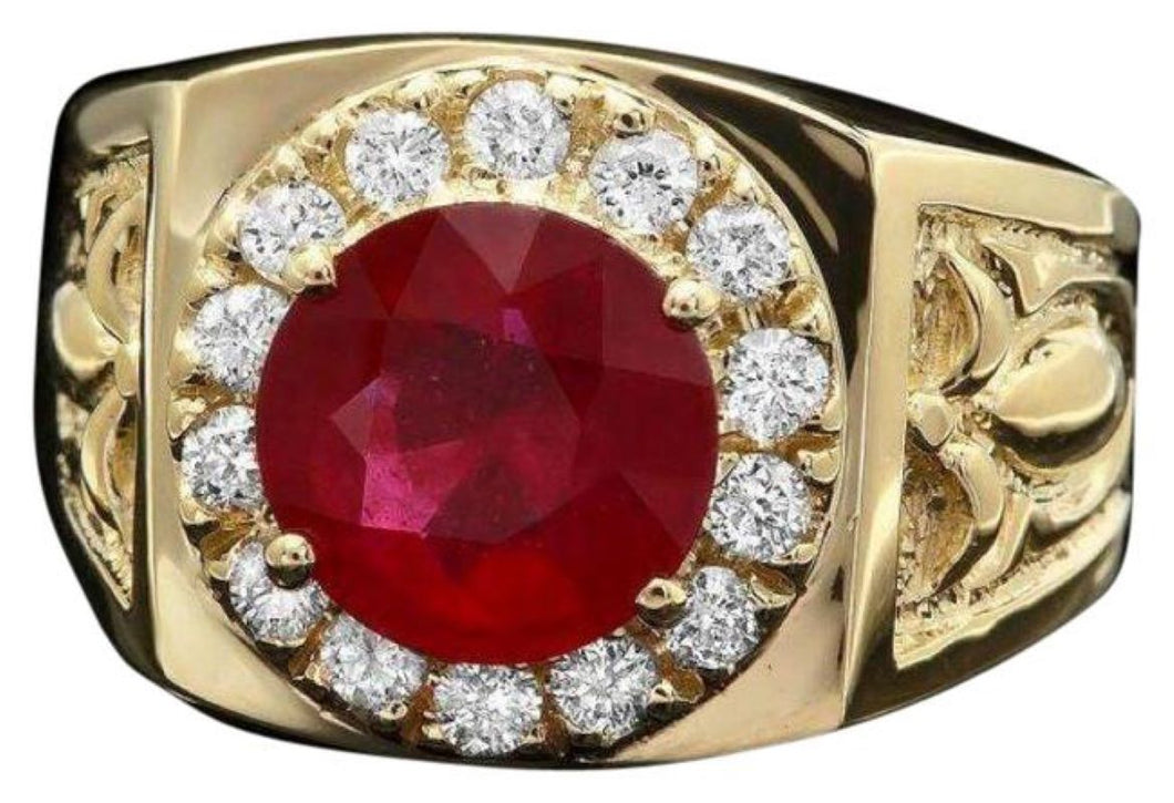 4.50 Carats Natural Red Ruby and Diamond 14K Solid Yellow Gold Men's Ring