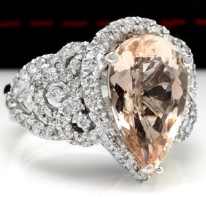 6.93 Carats Exquisite Natural Morganite and Diamond 14K Solid White Gold Ring