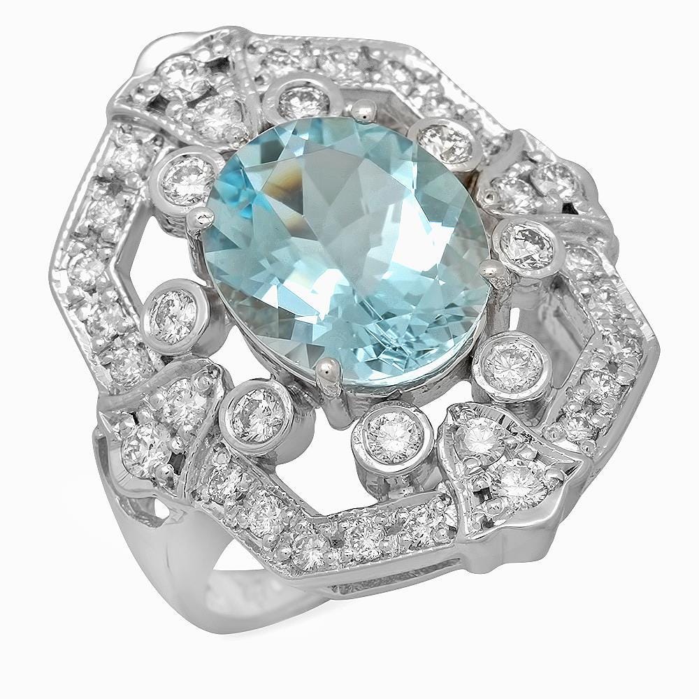 4.60 Carats Natural Aquamarine and Diamond 14K Solid White Gold Ring