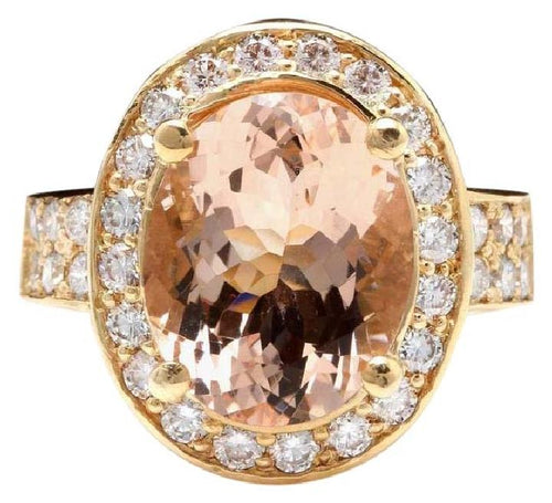 6.91 Carats Exquisite Natural Morganite and Diamond 14K Solid Yellow Gold Ring