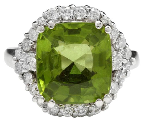 9.30 Carats Natural Very Nice Looking Peridot and Diamond 14K Solid White Gold Ring