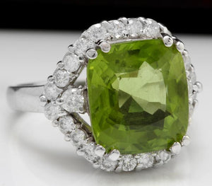 9.30 Carats Natural Very Nice Looking Peridot and Diamond 14K Solid White Gold Ring