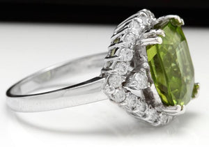 9.30 Carats Natural Very Nice Looking Peridot and Diamond 14K Solid White Gold Ring