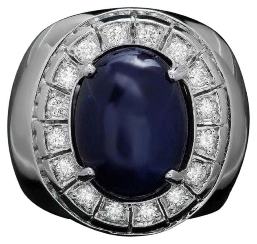 15.00 Carats Natural Blue Sapphire & Diamond 14K Solid White Gold Men's Ring