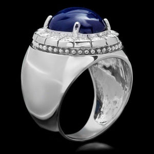 15.00 Carats Natural Blue Sapphire & Diamond 14K Solid White Gold Men's Ring
